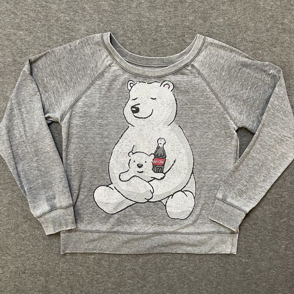 COCA-COLA VINTAGE Gray Sweatshirt Bears Graphic Lightweight Comfy Womens Size L